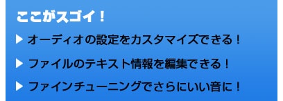 ここがスゴイ！ オーディオの設定をカスタマイズできる！ ファイルのテキスト情報を編集できる！ ファインチューニングでさらにいい音に！
