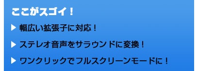 ここがスゴイ！ 幅広い拡張子に対応！ ステレオ音声をサラウンドに変換！ ワンクリックでフルスクリーンモードに！