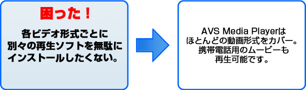 困った！ 書くビデオ形式ごとに別々のソフトを無駄にインストールしたくない。 AVS Media Playerはほとんどの主要形式をカバー。携帯電話用のムービーも再生可能です。