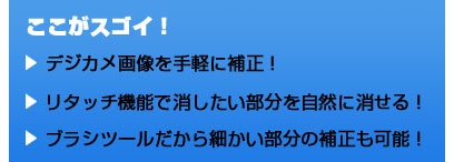 ここがスゴイ！ デジカメ画像を手軽に補正！ リタッチ機能で消したい部分を自然に消せる！ ブラシツールだから細かい部分の補正も可能！